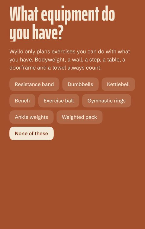 Onboarding asking which equipment you have, from resistance bands to gymnastic rings.